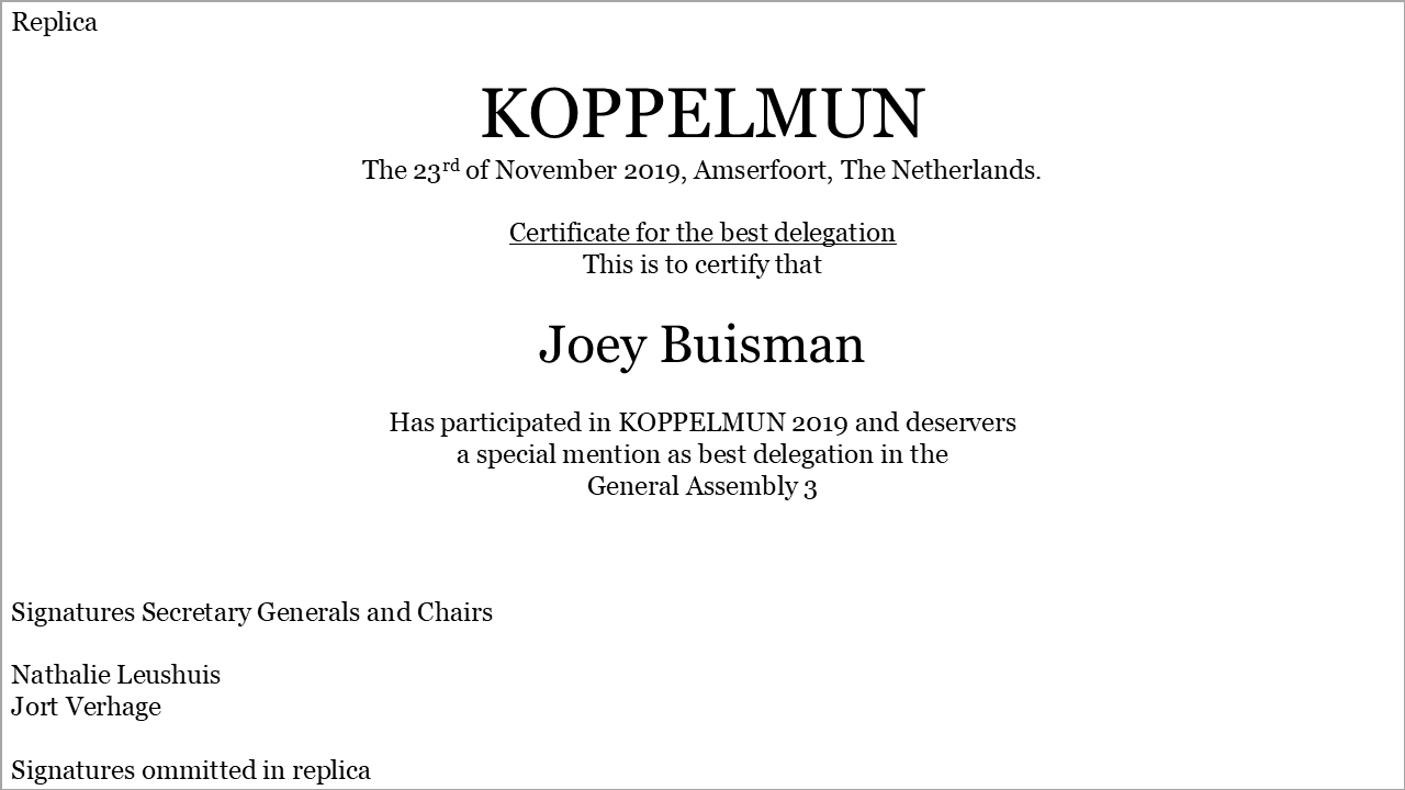 Beste delegeatie KoppelMUN